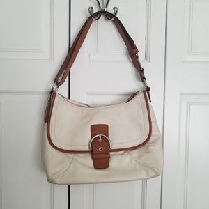 Coach Beige tan leather trim buckle shoulder bag